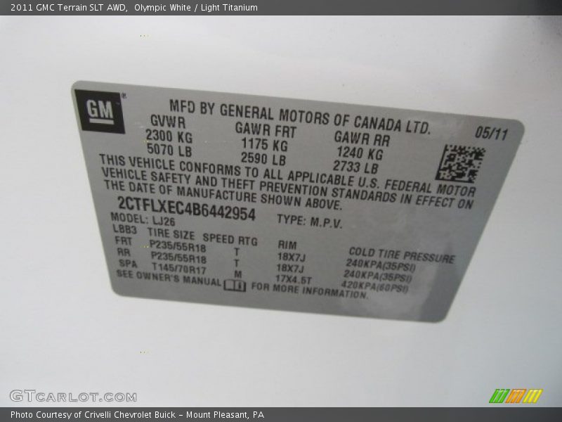 Info Tag of 2011 Terrain SLT AWD
