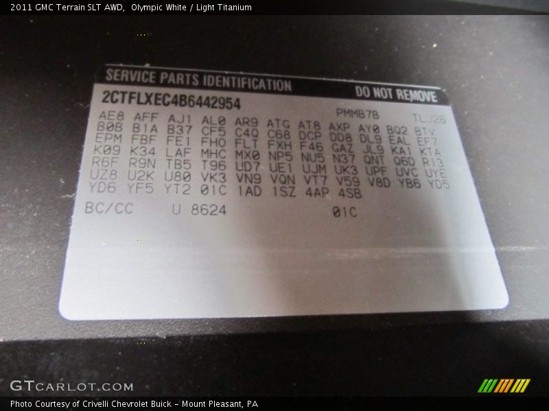 Info Tag of 2011 Terrain SLT AWD