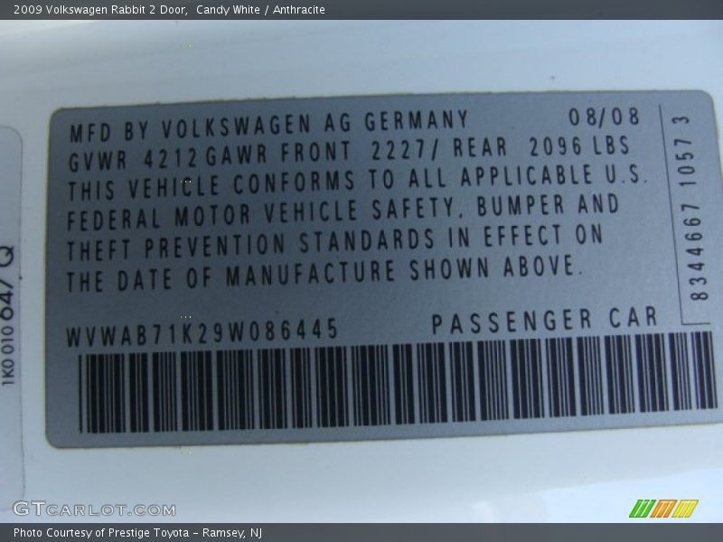 Candy White / Anthracite 2009 Volkswagen Rabbit 2 Door