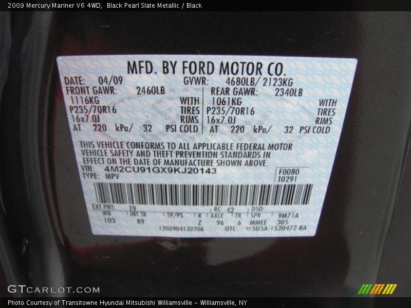 2009 Mariner V6 4WD Black Pearl Slate Metallic Color Code T9