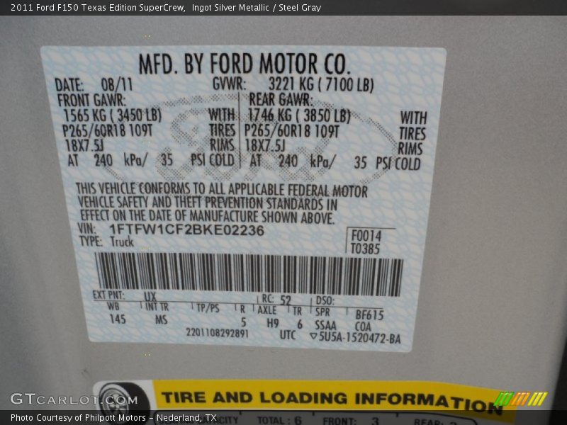 Ingot Silver Metallic / Steel Gray 2011 Ford F150 Texas Edition SuperCrew