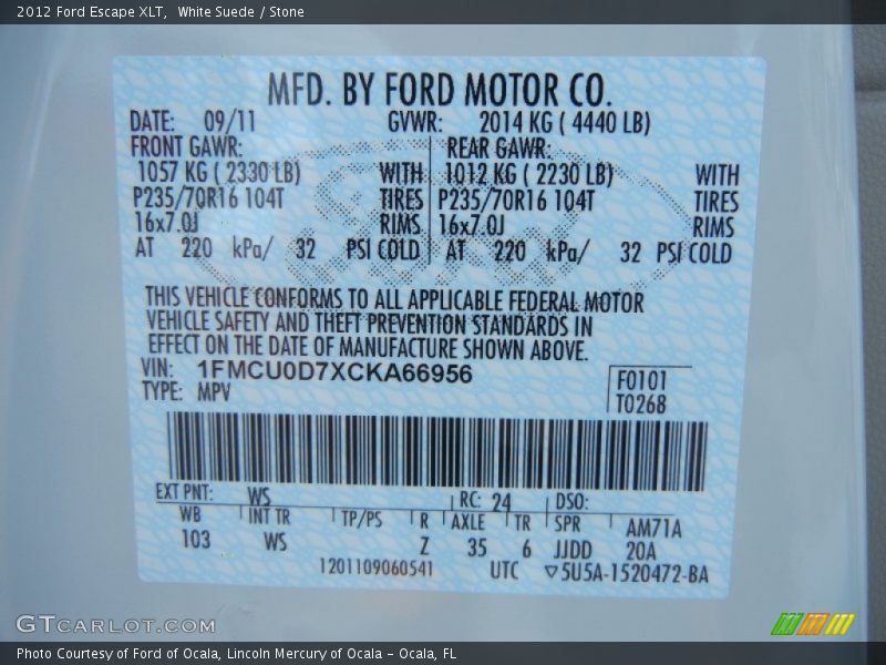 White Suede / Stone 2012 Ford Escape XLT
