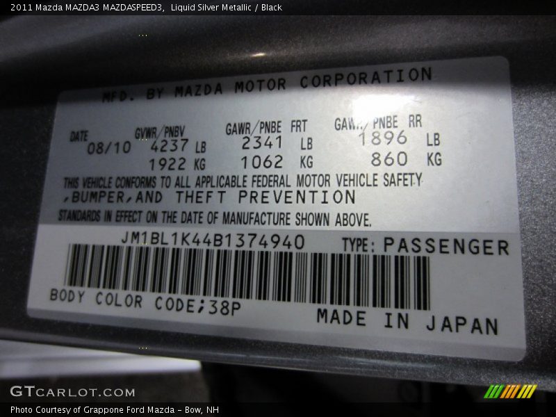 2011 MAZDA3 MAZDASPEED3 Liquid Silver Metallic Color Code 38P