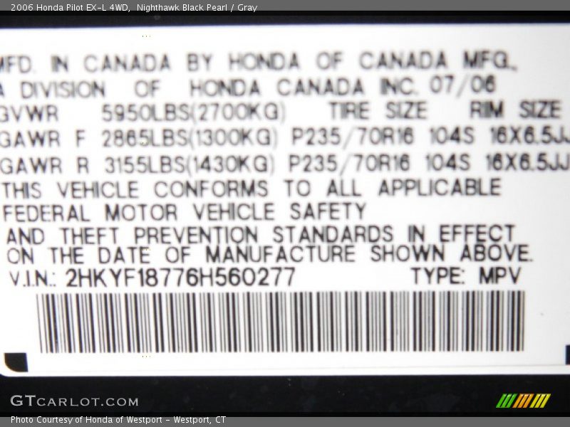 Nighthawk Black Pearl / Gray 2006 Honda Pilot EX-L 4WD