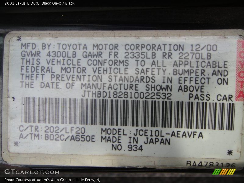 Black Onyx / Black 2001 Lexus IS 300