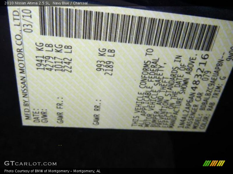 Navy Blue / Charcoal 2010 Nissan Altima 2.5 SL
