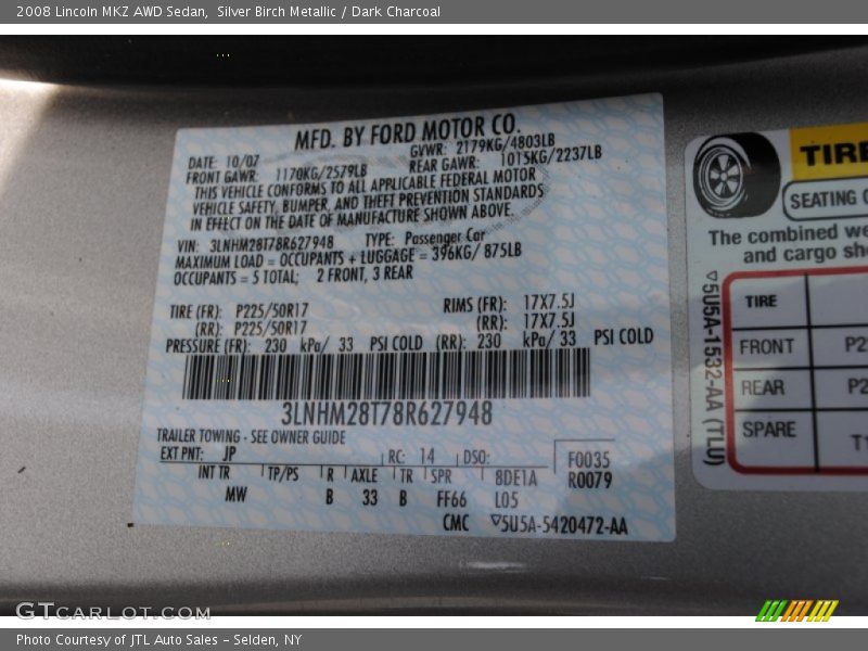 Silver Birch Metallic / Dark Charcoal 2008 Lincoln MKZ AWD Sedan