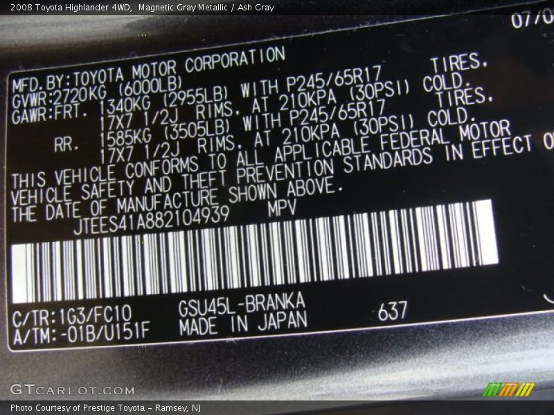 Magnetic Gray Metallic / Ash Gray 2008 Toyota Highlander 4WD