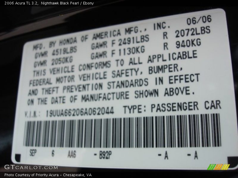 Nighthawk Black Pearl / Ebony 2006 Acura TL 3.2