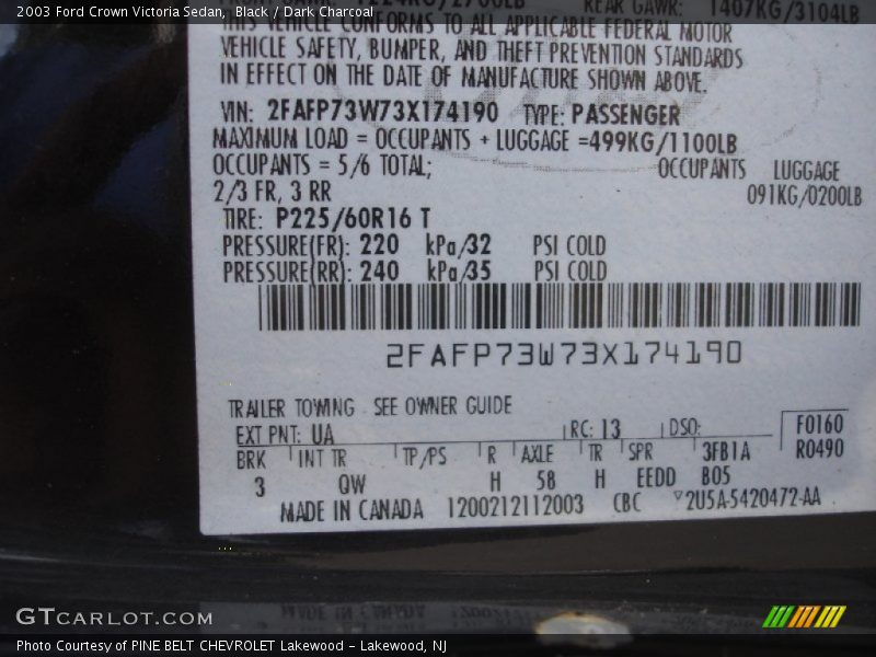 2003 Crown Victoria Sedan Black Color Code UA