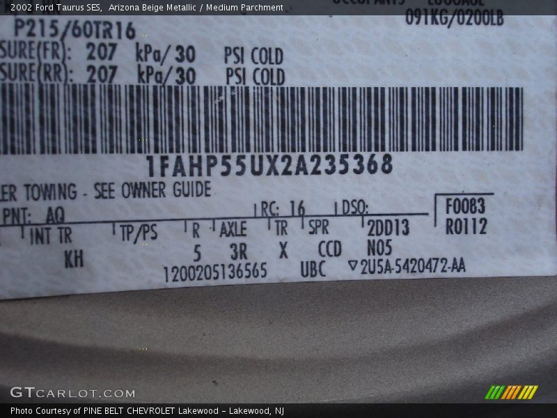 2002 Taurus SES Arizona Beige Metallic Color Code AQ