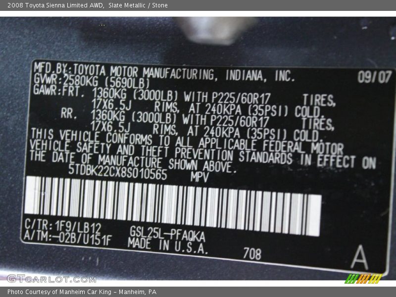 Slate Metallic / Stone 2008 Toyota Sienna Limited AWD