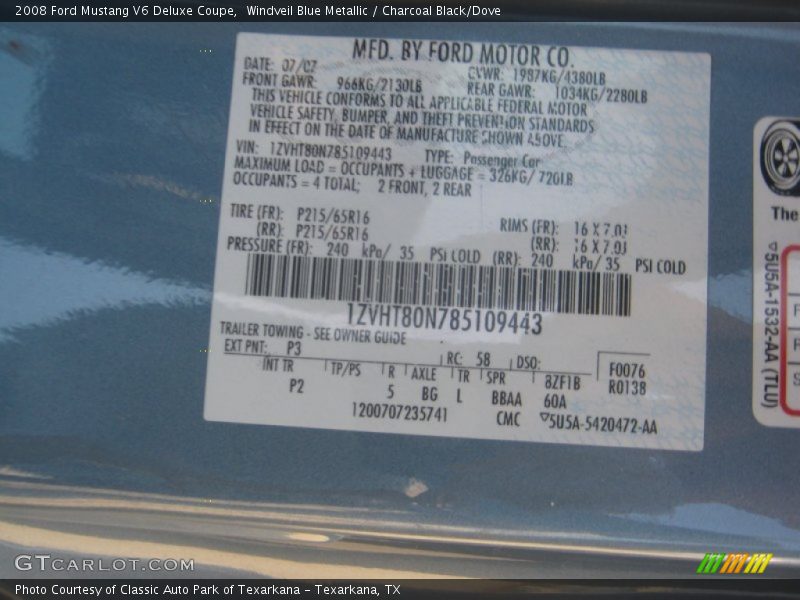 Windveil Blue Metallic / Charcoal Black/Dove 2008 Ford Mustang V6 Deluxe Coupe