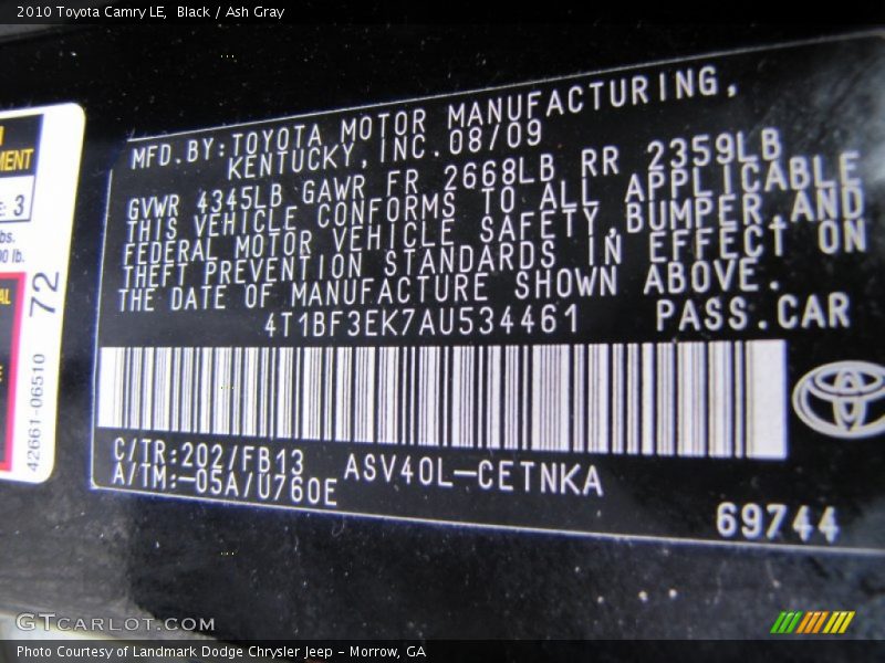 Black / Ash Gray 2010 Toyota Camry LE
