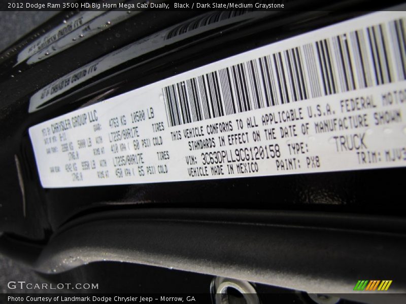 2012 Ram 3500 HD Big Horn Mega Cab Dually Black Color Code PX8