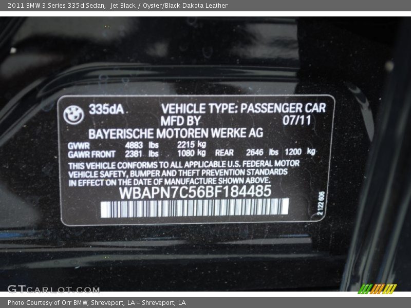 Jet Black / Oyster/Black Dakota Leather 2011 BMW 3 Series 335d Sedan