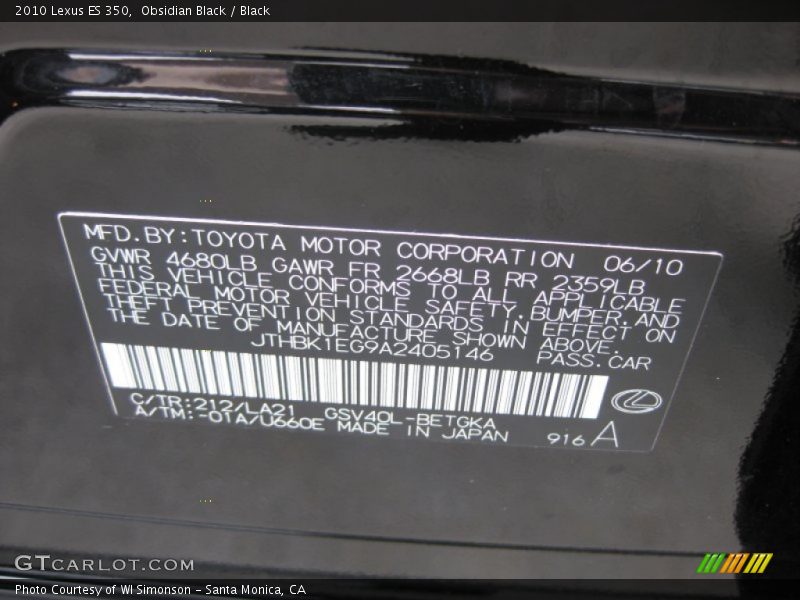 Obsidian Black / Black 2010 Lexus ES 350