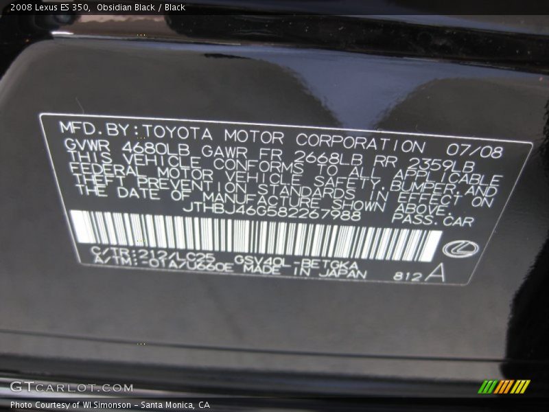 Obsidian Black / Black 2008 Lexus ES 350