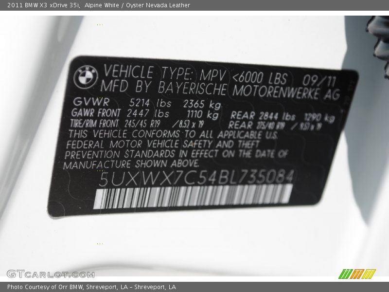 Alpine White / Oyster Nevada Leather 2011 BMW X3 xDrive 35i