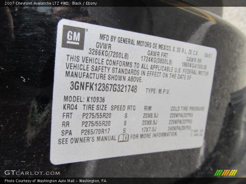 Info Tag of 2007 Avalanche LTZ 4WD