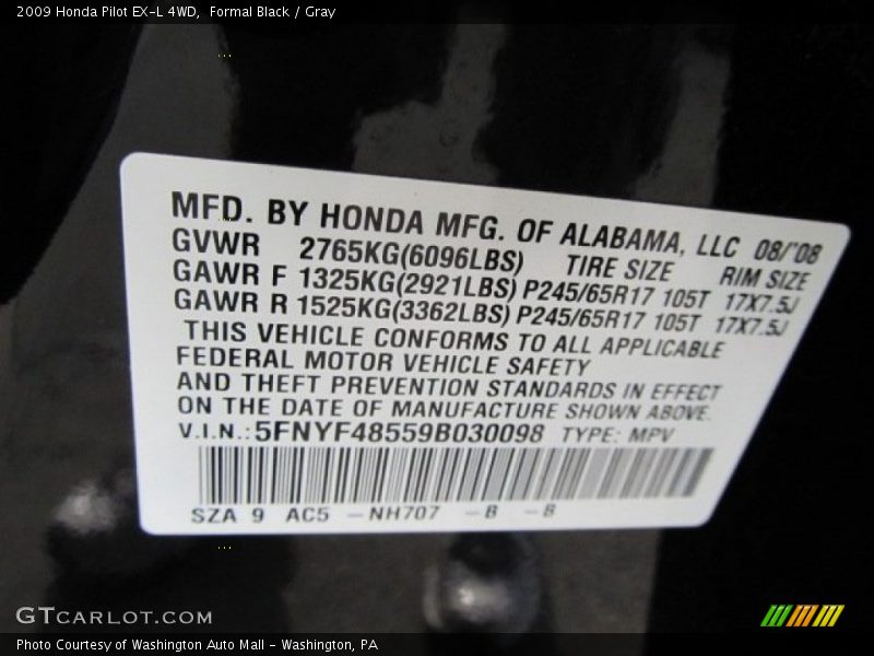 Formal Black / Gray 2009 Honda Pilot EX-L 4WD