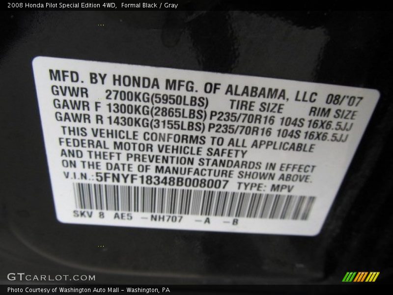 Formal Black / Gray 2008 Honda Pilot Special Edition 4WD