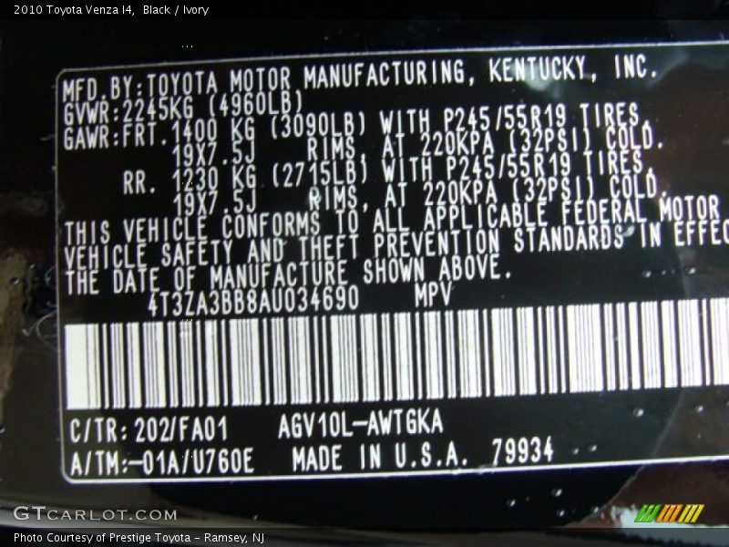 Black / Ivory 2010 Toyota Venza I4