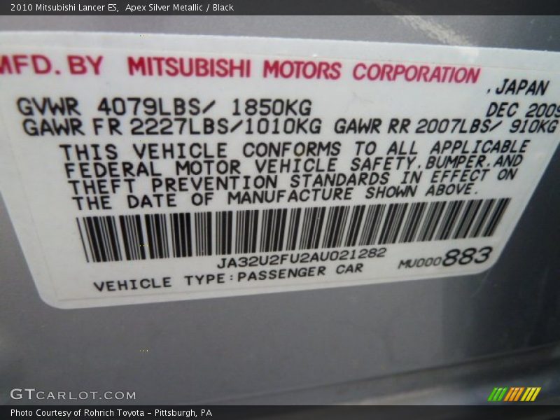 Apex Silver Metallic / Black 2010 Mitsubishi Lancer ES