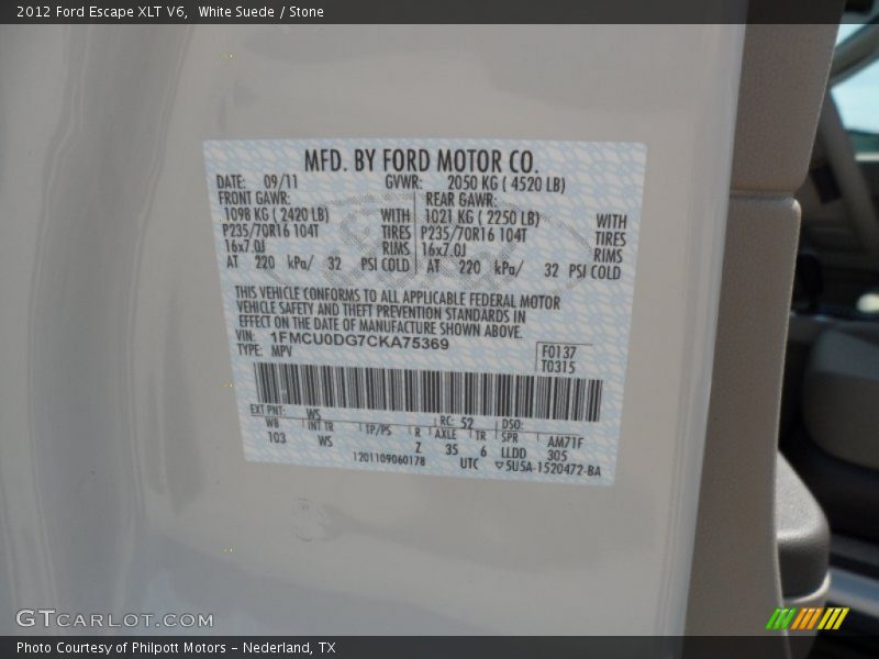 2012 Escape XLT V6 White Suede Color Code WS
