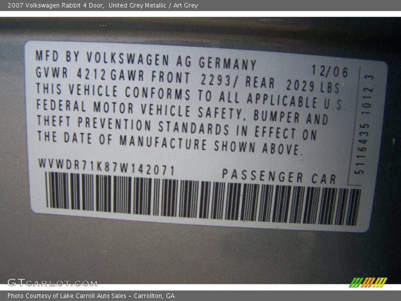 United Grey Metallic / Art Grey 2007 Volkswagen Rabbit 4 Door