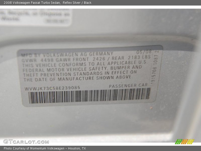 Reflex Silver / Black 2008 Volkswagen Passat Turbo Sedan