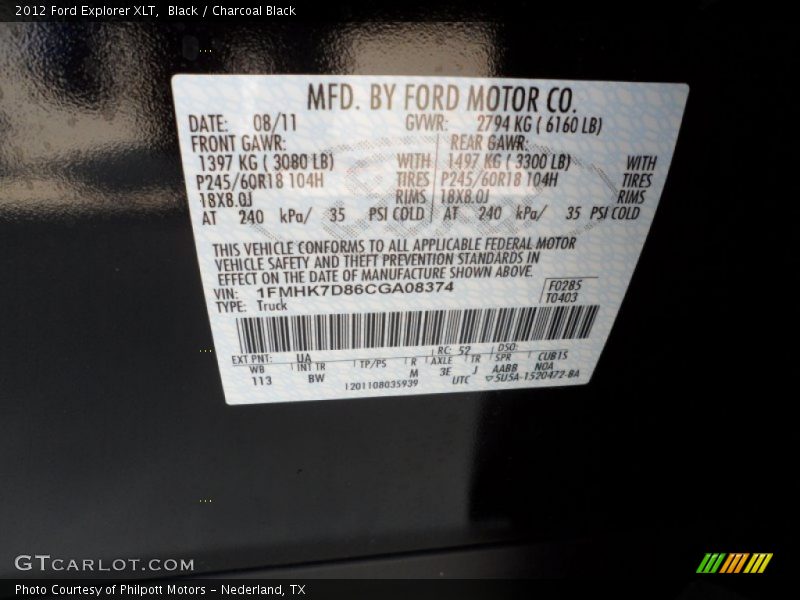 2012 Explorer XLT Black Color Code UA