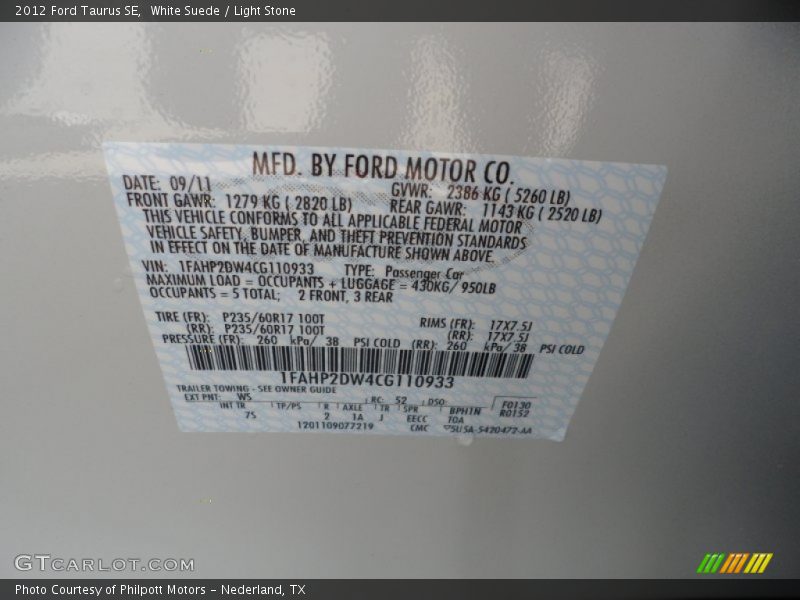 2012 Taurus SE White Suede Color Code WS