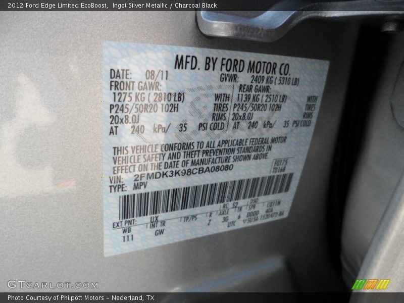2012 Edge Limited EcoBoost Ingot Silver Metallic Color Code UX