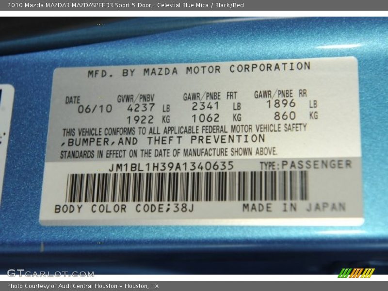 2010 MAZDA3 MAZDASPEED3 Sport 5 Door Celestial Blue Mica Color Code 38J