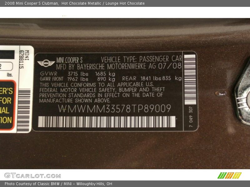 Info Tag of 2008 Cooper S Clubman
