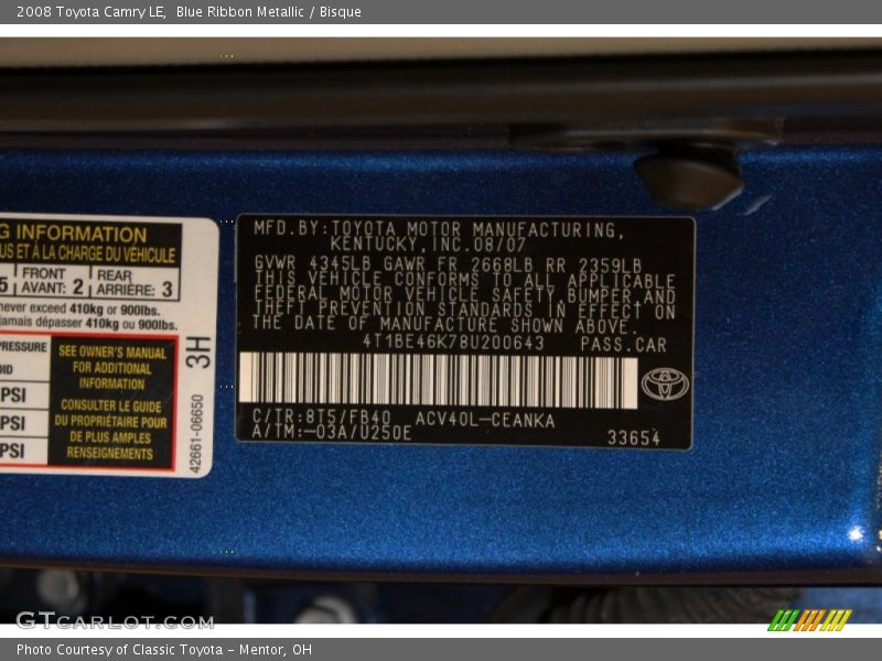 Blue Ribbon Metallic / Bisque 2008 Toyota Camry LE