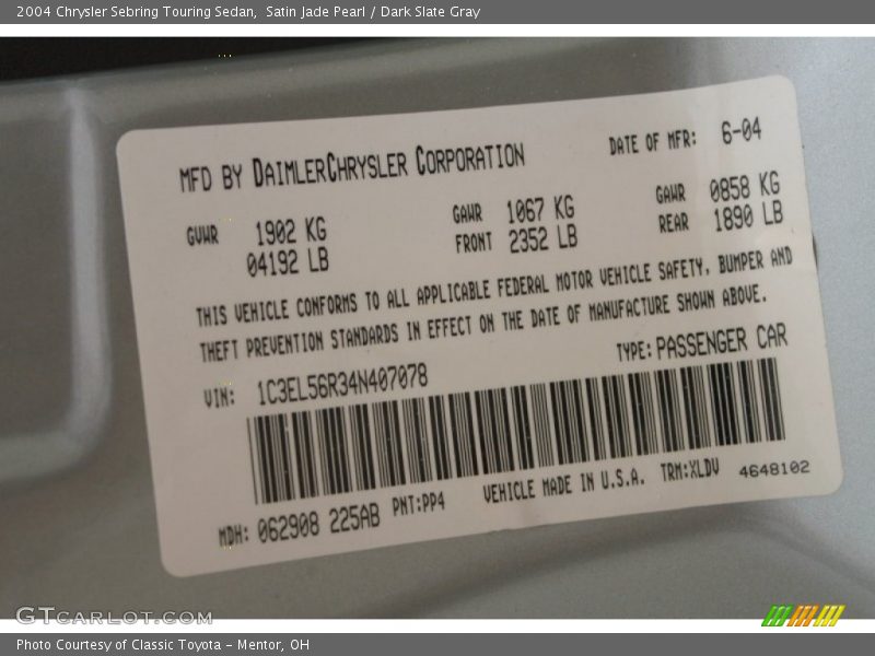 2004 Sebring Touring Sedan Satin Jade Pearl Color Code PP4