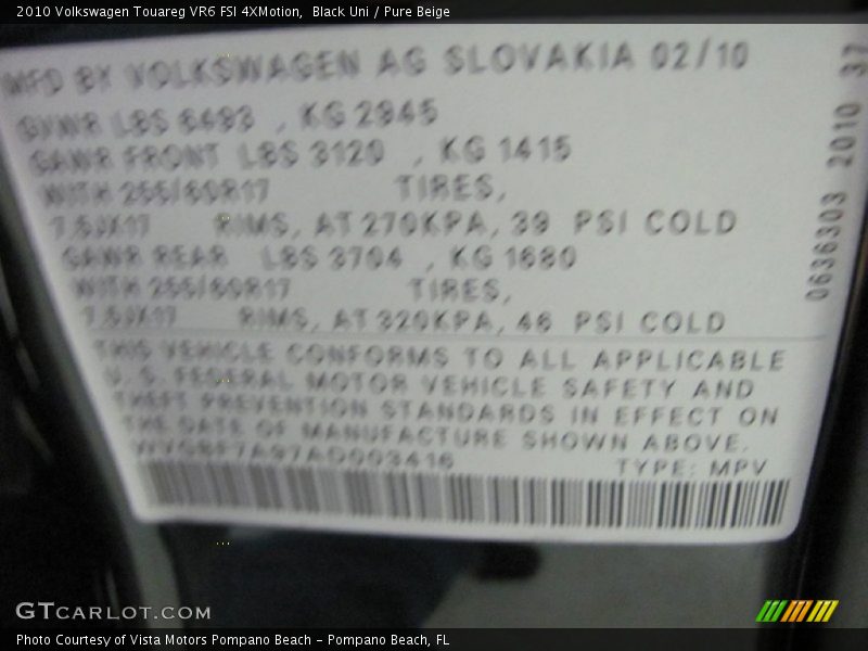 Black Uni / Pure Beige 2010 Volkswagen Touareg VR6 FSI 4XMotion