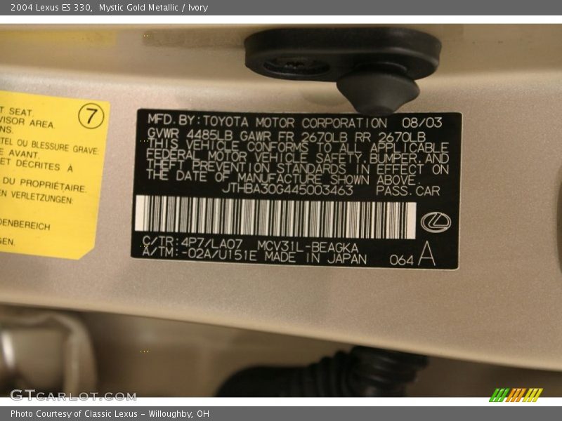 Mystic Gold Metallic / Ivory 2004 Lexus ES 330