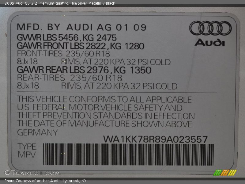 Info Tag of 2009 Q5 3.2 Premium quattro