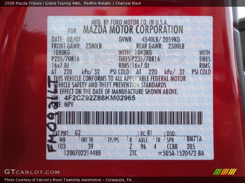 Redfire Metallic / Charcoal Black 2008 Mazda Tribute i Grand Touring 4WD