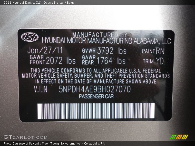 2011 Elantra GLS Desert Bronze Color Code RN