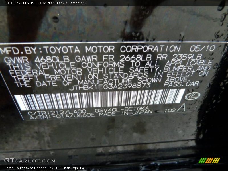 Obsidian Black / Parchment 2010 Lexus ES 350