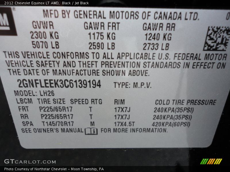 Black / Jet Black 2012 Chevrolet Equinox LT AWD