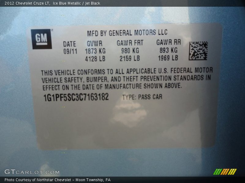 Ice Blue Metallic / Jet Black 2012 Chevrolet Cruze LT