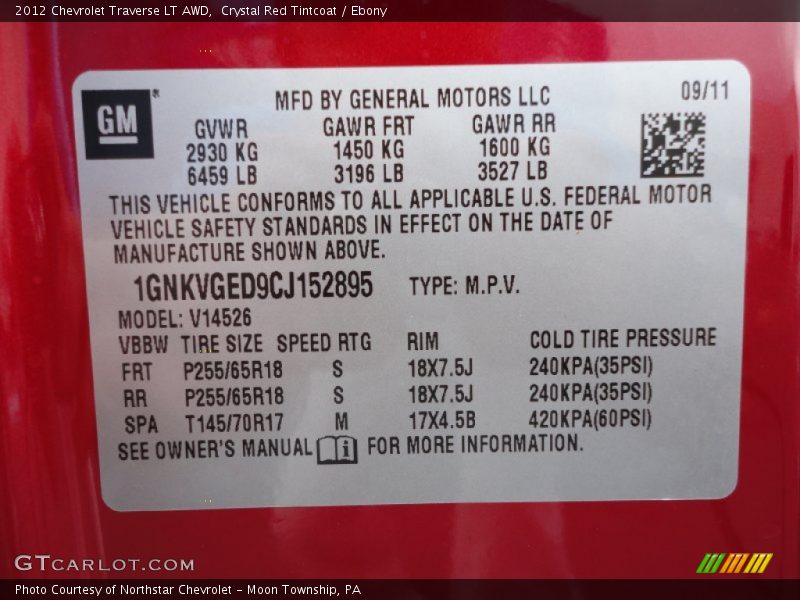 Info Tag of 2012 Traverse LT AWD