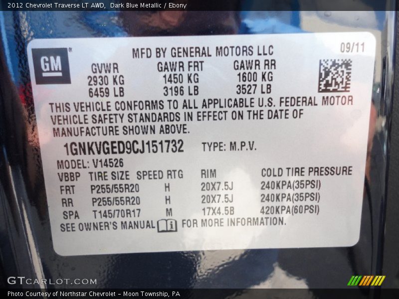 Dark Blue Metallic / Ebony 2012 Chevrolet Traverse LT AWD