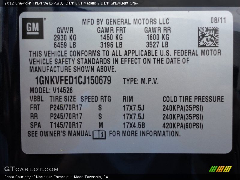 Dark Blue Metallic / Dark Gray/Light Gray 2012 Chevrolet Traverse LS AWD