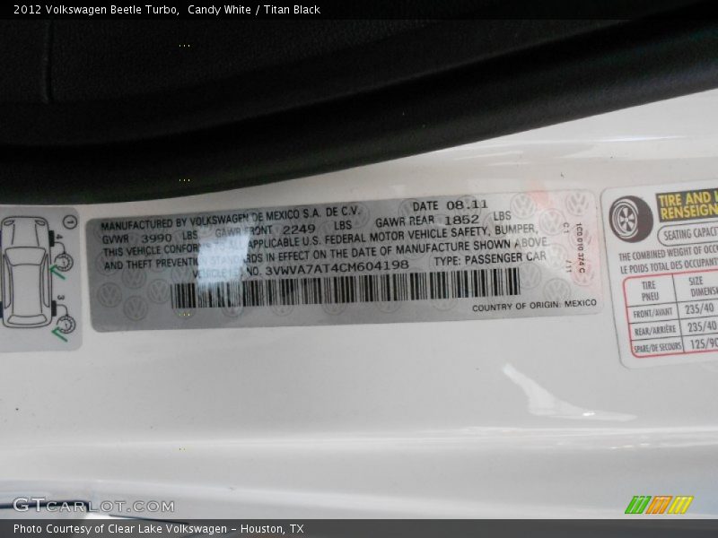 Info Tag of 2012 Beetle Turbo